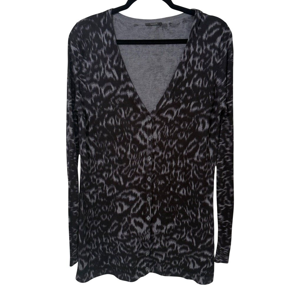 Tahari Silk Cotton Leopard Sz Small V-Neck Longline Lightweight Cardigan Natural